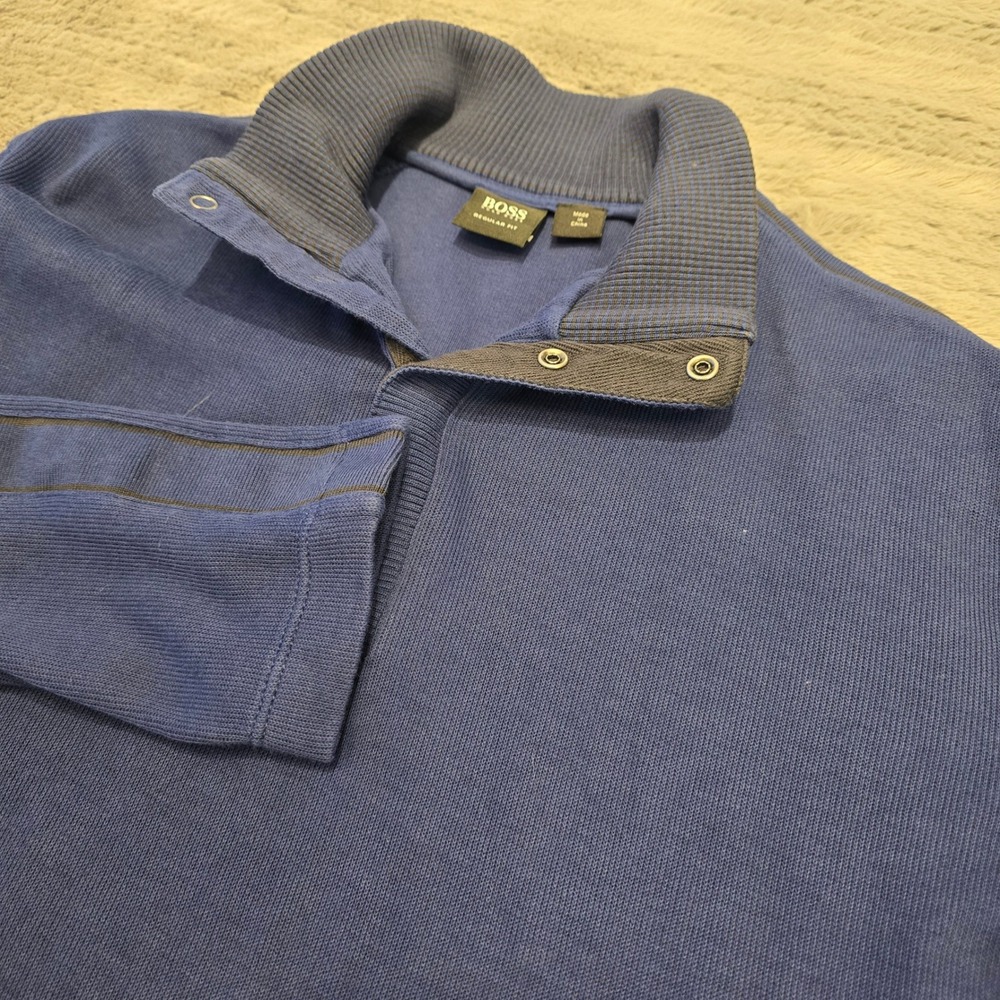 Hugo Boss Mens Blue Regular Fit Cotton Quarter Snap Pullover Sweater L Picano